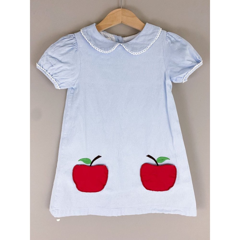 The Oaks Apparel Light Blue Corduroy Short Sleeve Apple Back To School Dress 4
